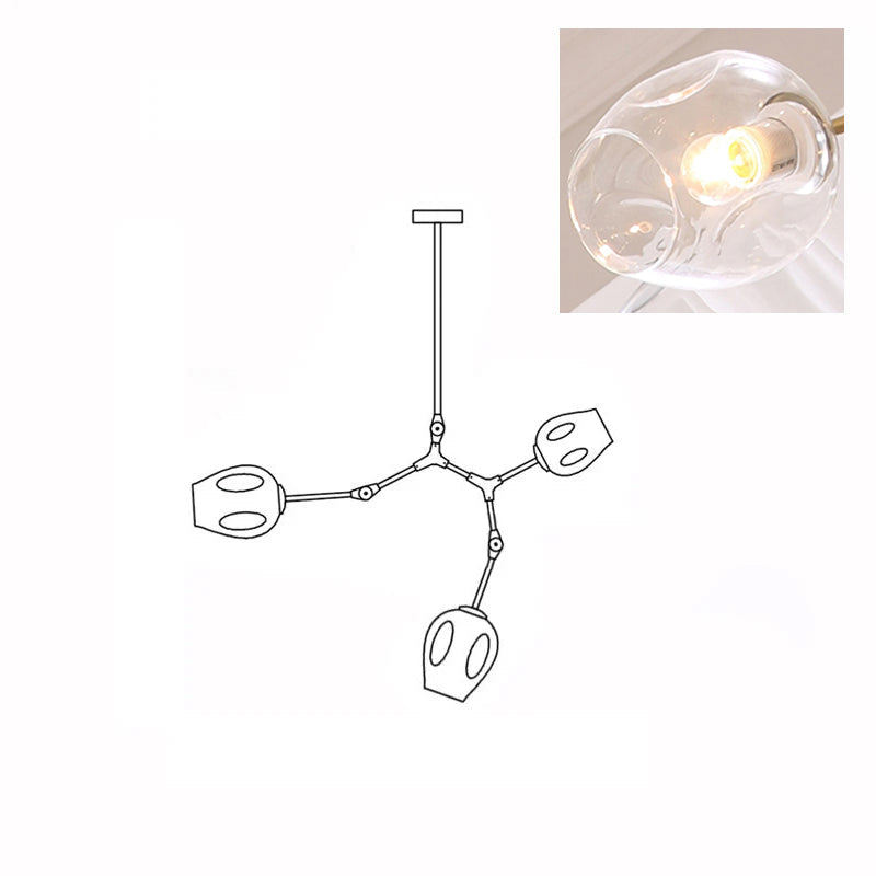 Line drawing of the 3-head Clérachic chandelier, with an inset close view of a lit clear glass globe.