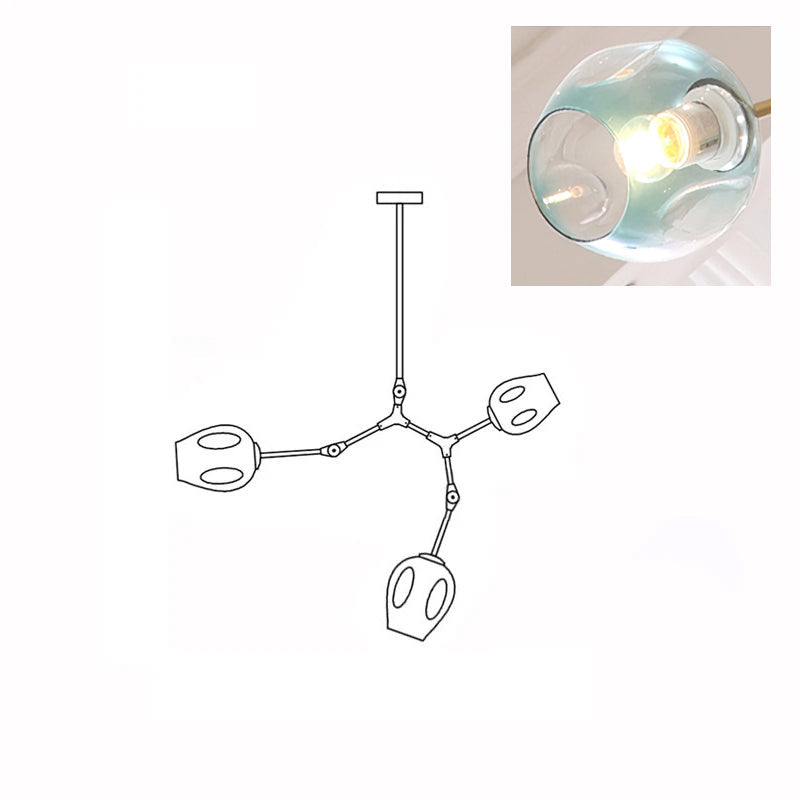 Clérachic 3-head chandelier drawn in outline, with a close-up inset of a lit gradient blue glass globe.