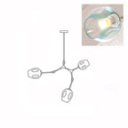 Clérachic 3-head chandelier drawn in outline, with a close-up inset of a lit gradient blue glass globe.