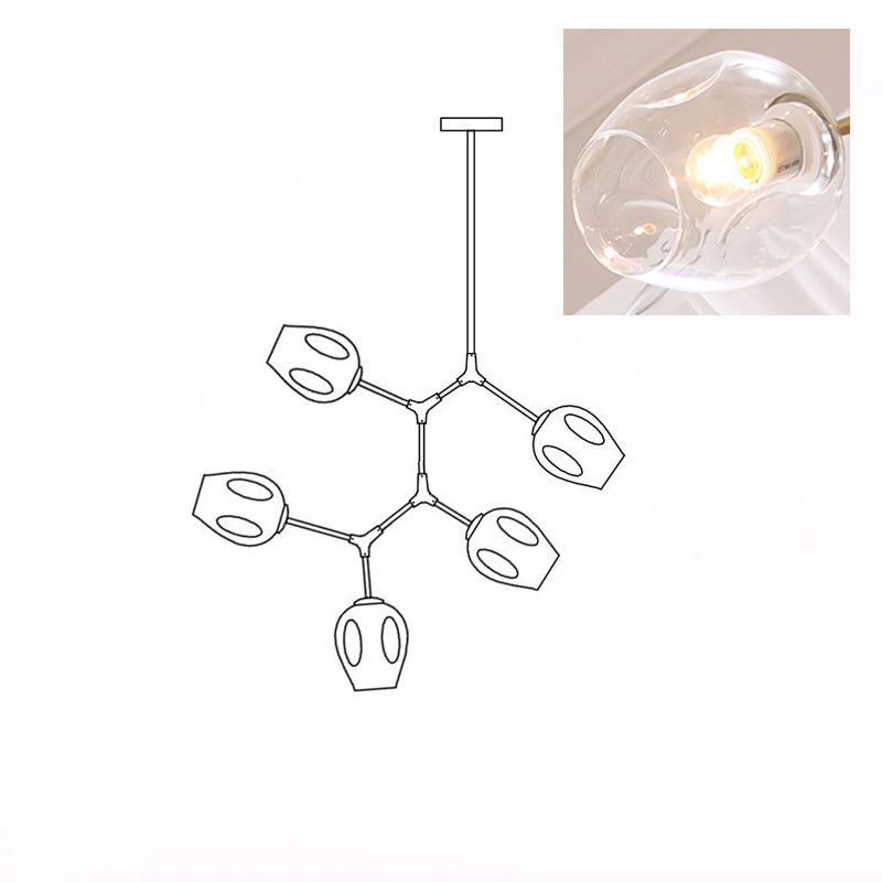 Line drawing of the 5-head Clérachic chandelier, with an inset close view of a lit clear glass globe.