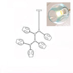 Clérachic 5-head chandelier drawn in outline, with a close-up inset of a lit gradient blue glass globe.