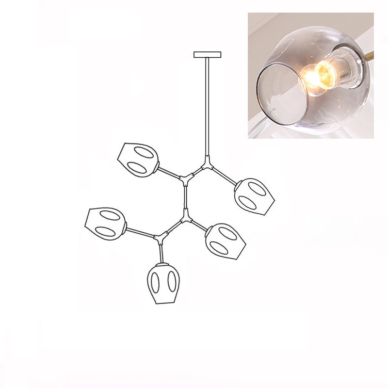 A lit, smoky grey glass globe in a close inset, next to the outline drawing of this 5-head Clérachic chandelier.