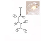 Line drawing of the 6-head Clérachic chandelier, with an inset close view of a lit clear glass globe.