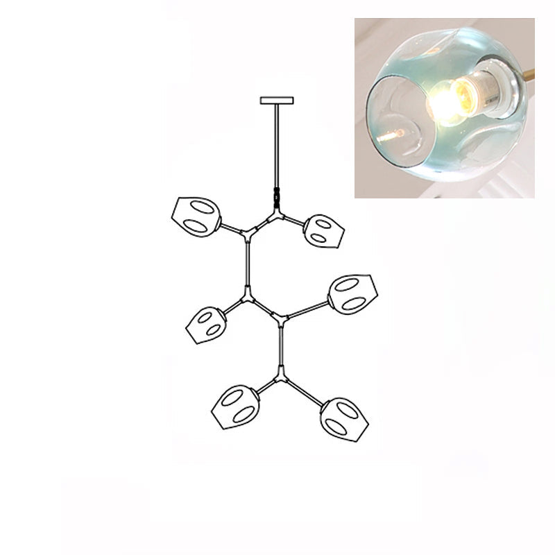 Clérachic 6-head chandelier drawn in outline, with a close-up inset of a lit gradient blue glass globe.