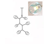 Clérachic 6-head chandelier drawn in outline, with a close-up inset of a lit gradient blue glass globe.