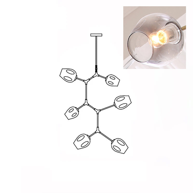 A lit, smoky grey glass globe in a close inset, next to the outline drawing of this 6-head Clérachic chandelier.