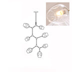 Line drawing of the 7-head Clérachic chandelier, with an inset close view of a lit clear glass globe.