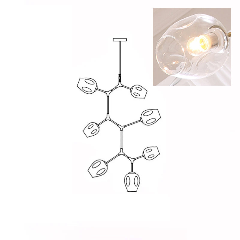 Line drawing of the 7-head Clérachic chandelier, with an inset close view of a lit clear glass globe.