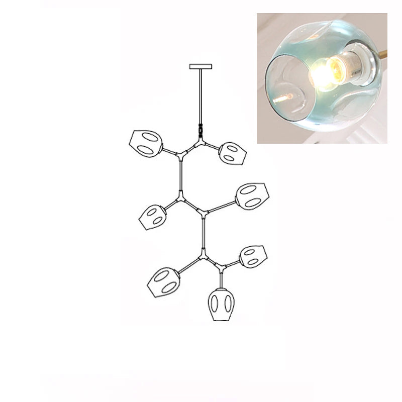 Clérachic 7-head chandelier drawn in outline, with a close-up inset of a lit gradient blue glass globe.
