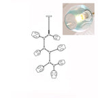 Clérachic 7-head chandelier drawn in outline, with a close-up inset of a lit gradient blue glass globe.