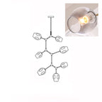 A lit, smoky grey glass globe in a close inset, next to the outline drawing of this 7-head Clérachic chandelier.