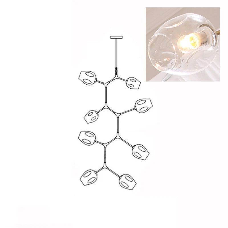 Line drawing of the 8-head Clérachic chandelier, with an inset close view of a lit clear glass globe.