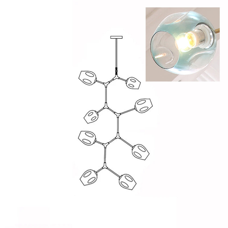 Clérachic 8-head chandelier drawn in outline, with a close-up inset of a lit gradient blue glass globe.