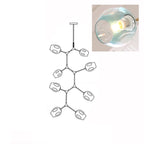 Clérachic 8-head chandelier drawn in outline, with a close-up inset of a lit gradient blue glass globe.