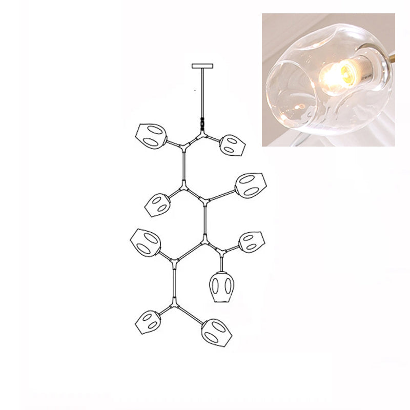 Line drawing of the 9-head Clérachic chandelier, with an inset close view of a lit clear glass globe.
