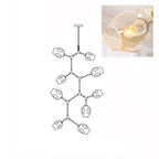 Inset close view of an amber glass globe lit from within, beside the line drawing of this Clérachic 9-head chandelier.