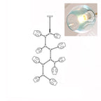 Clérachic 9-head chandelier drawn in outline, with a close-up inset of a lit gradient blue glass globe.
