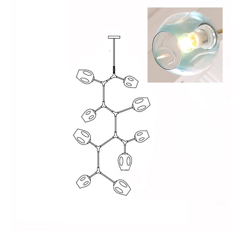 Clérachic 9-head chandelier drawn in outline, with a close-up inset of a lit gradient blue glass globe.