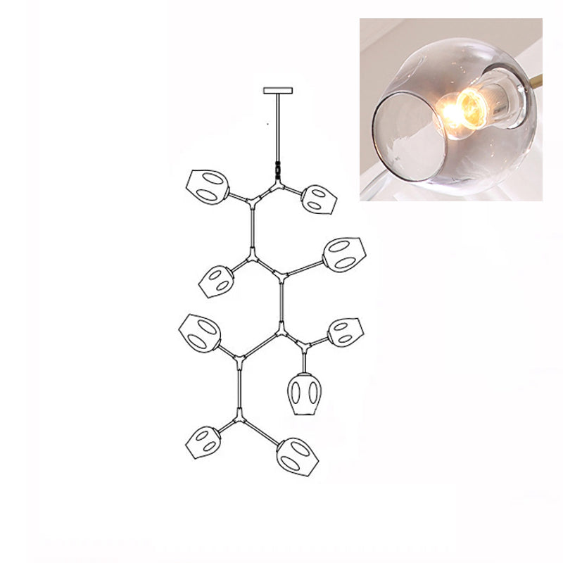 A lit, smoky grey glass globe in a close inset, next to the outline drawing of this 9-head Clérachic chandelier.