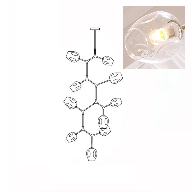 Line drawing of the 10-head Clérachic chandelier, with an inset close view of a lit clear glass globe.