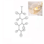 Inset close view of an amber glass globe lit from within, beside the line drawing of this Clérachic 10-head chandelier.