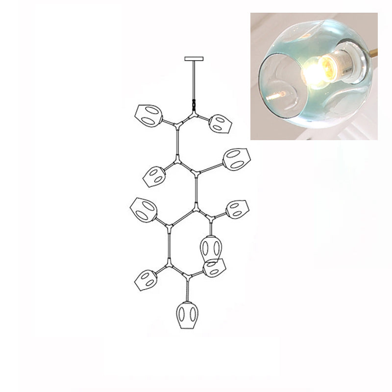 Clérachic 10-head chandelier drawn in outline, with a close-up inset of a lit gradient blue glass globe.