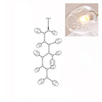 Line drawing of the 11-head Clérachic chandelier, with an inset close view of a lit clear glass globe.