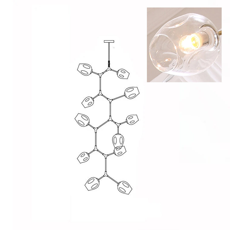 Line drawing of the 11-head Clérachic chandelier, with an inset close view of a lit clear glass globe.