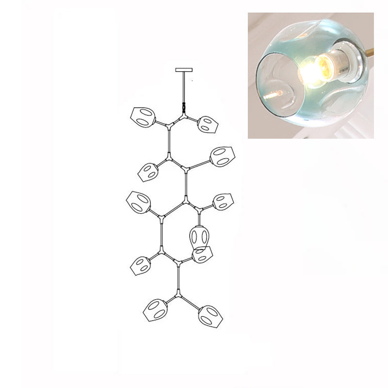 Clérachic 11-head chandelier drawn in outline, with a close-up inset of a lit gradient blue glass globe.
