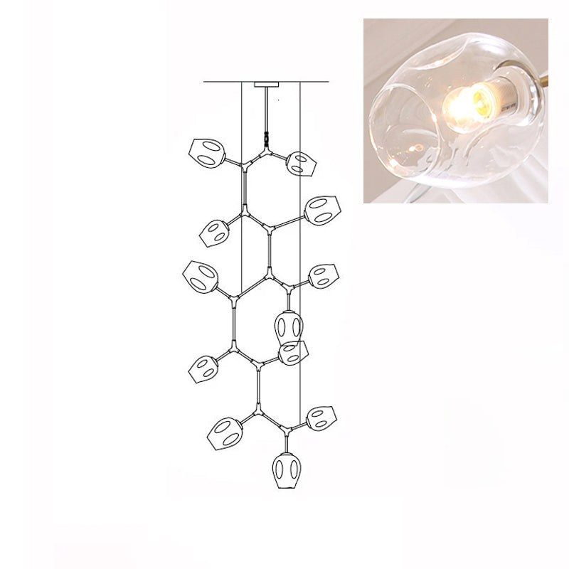 Line drawing of the 12-head Clérachic chandelier, with an inset close view of a lit clear glass globe.
