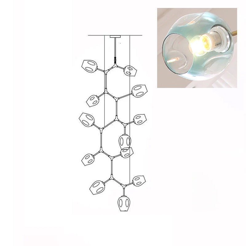 Clérachic 12-head chandelier drawn in outline, with a close-up inset of a lit gradient blue glass globe.