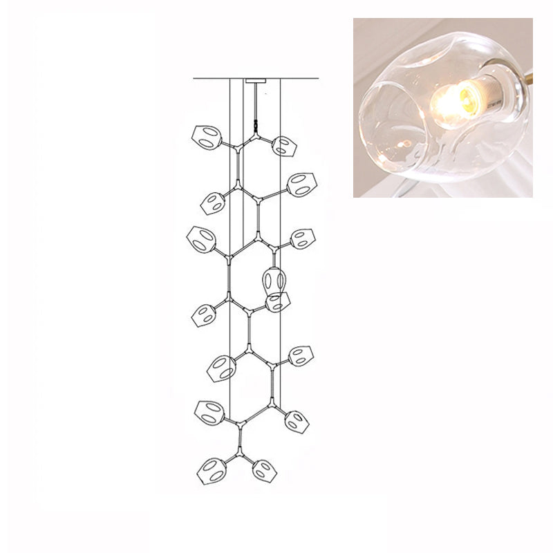 Line drawing of the 15-head Clérachic chandelier, with an inset close view of a lit clear glass globe.