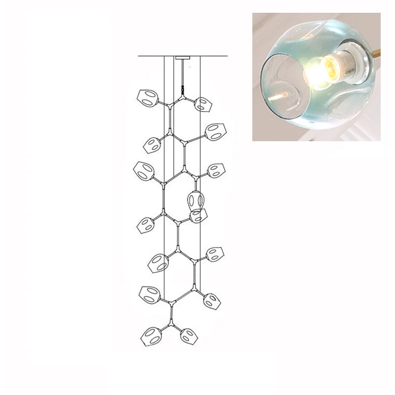 Clérachic 15-head chandelier drawn in outline, with a close-up inset of a lit gradient blue glass globe.