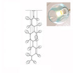 Clérachic 15-head chandelier drawn in outline, with a close-up inset of a lit gradient blue glass globe.
