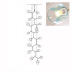 Clérachic 18-head chandelier drawn in outline, with a close-up inset of a lit gradient blue glass globe.