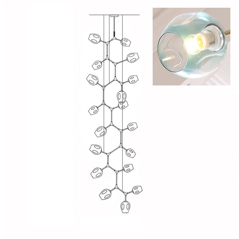 Clérachic 18-head chandelier drawn in outline, with a close-up inset of a lit gradient blue glass globe.