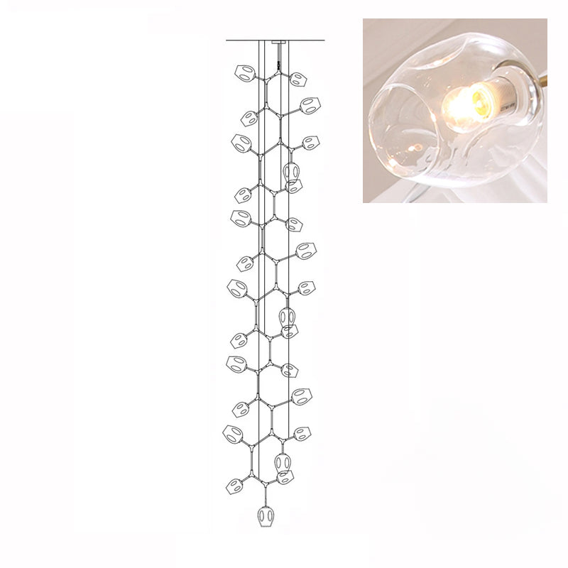 Line drawing of the 28-head Clérachic chandelier, with an inset close view of a lit clear glass globe.