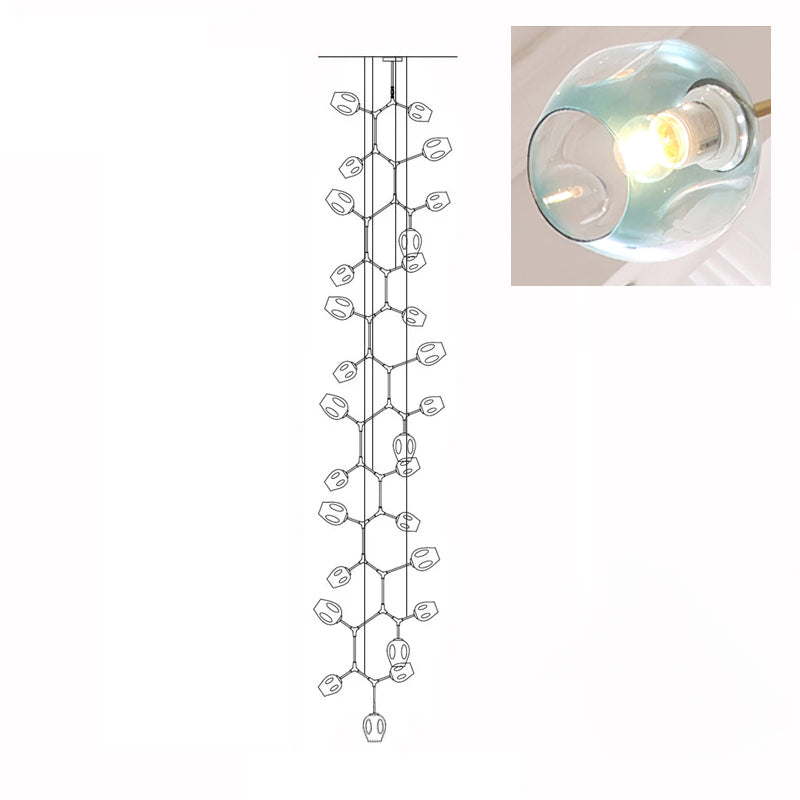 Clérachic 28-head chandelier drawn in outline, with a close-up inset of a lit gradient blue glass globe.