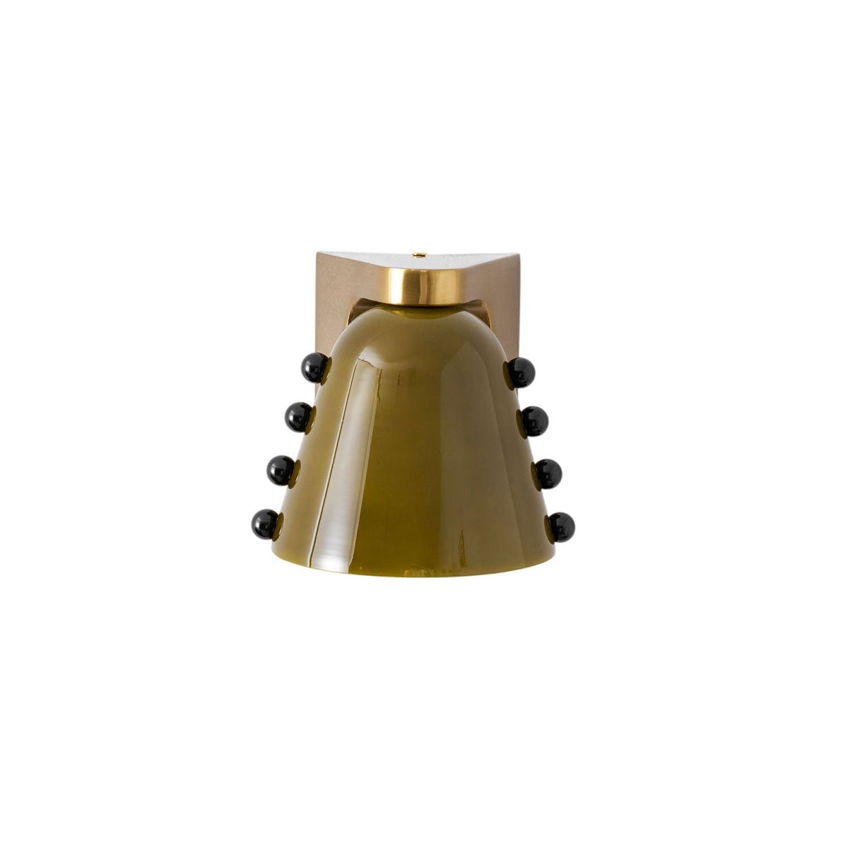 Green glass shade with a gold cap and black studs, photographed straight on against white; a Clérachic wall light.