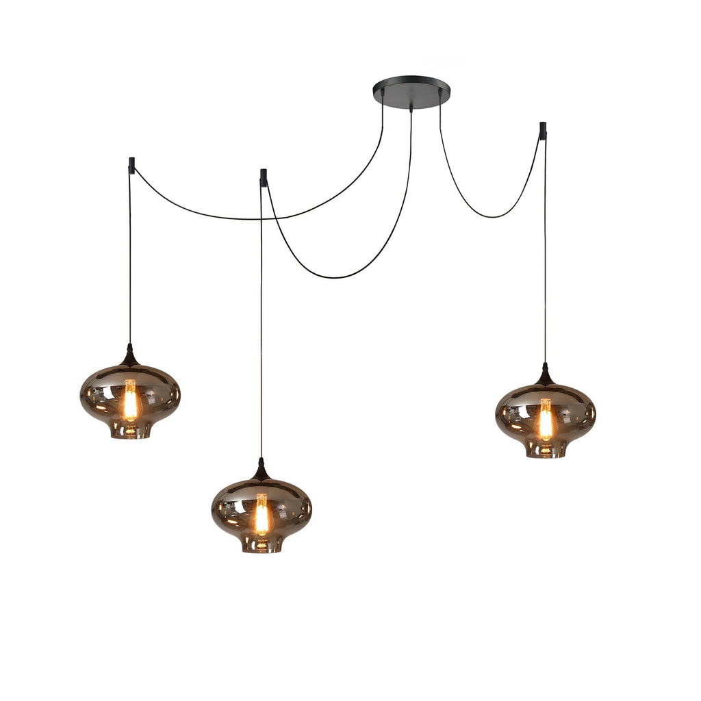 Three onion-shaped Clérachic smoked glass pendants with flared feet, swagged from one round black canopy.