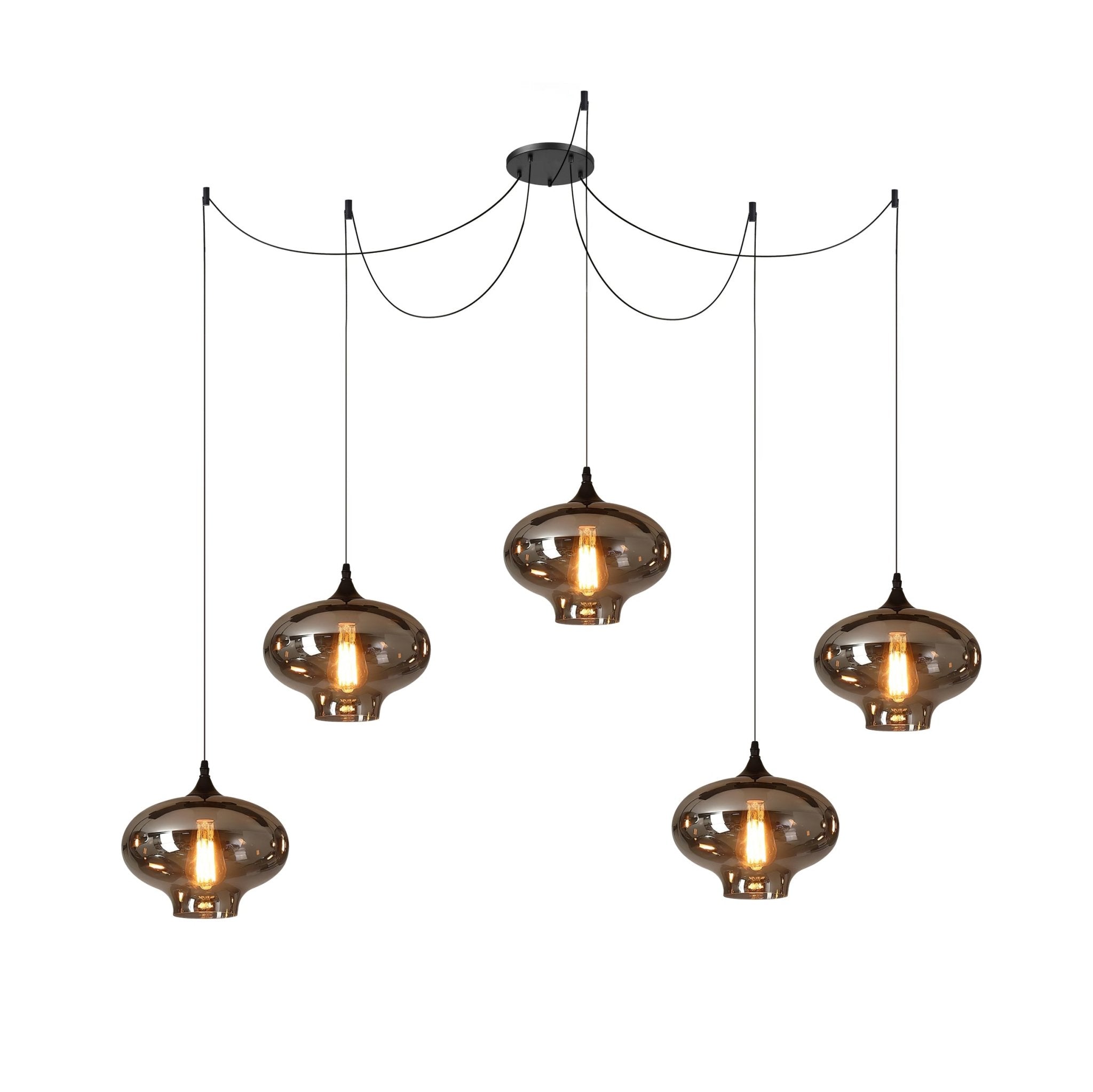 Five onion-shaped Clérachic smoked glass pendants with flared feet, cords swagged from one black canopy.