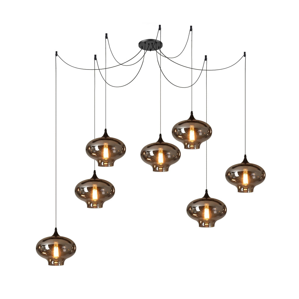 Seven onion-shaped Clérachic smoked glass pendants with flared feet, fanned out from a single ceiling plate.
