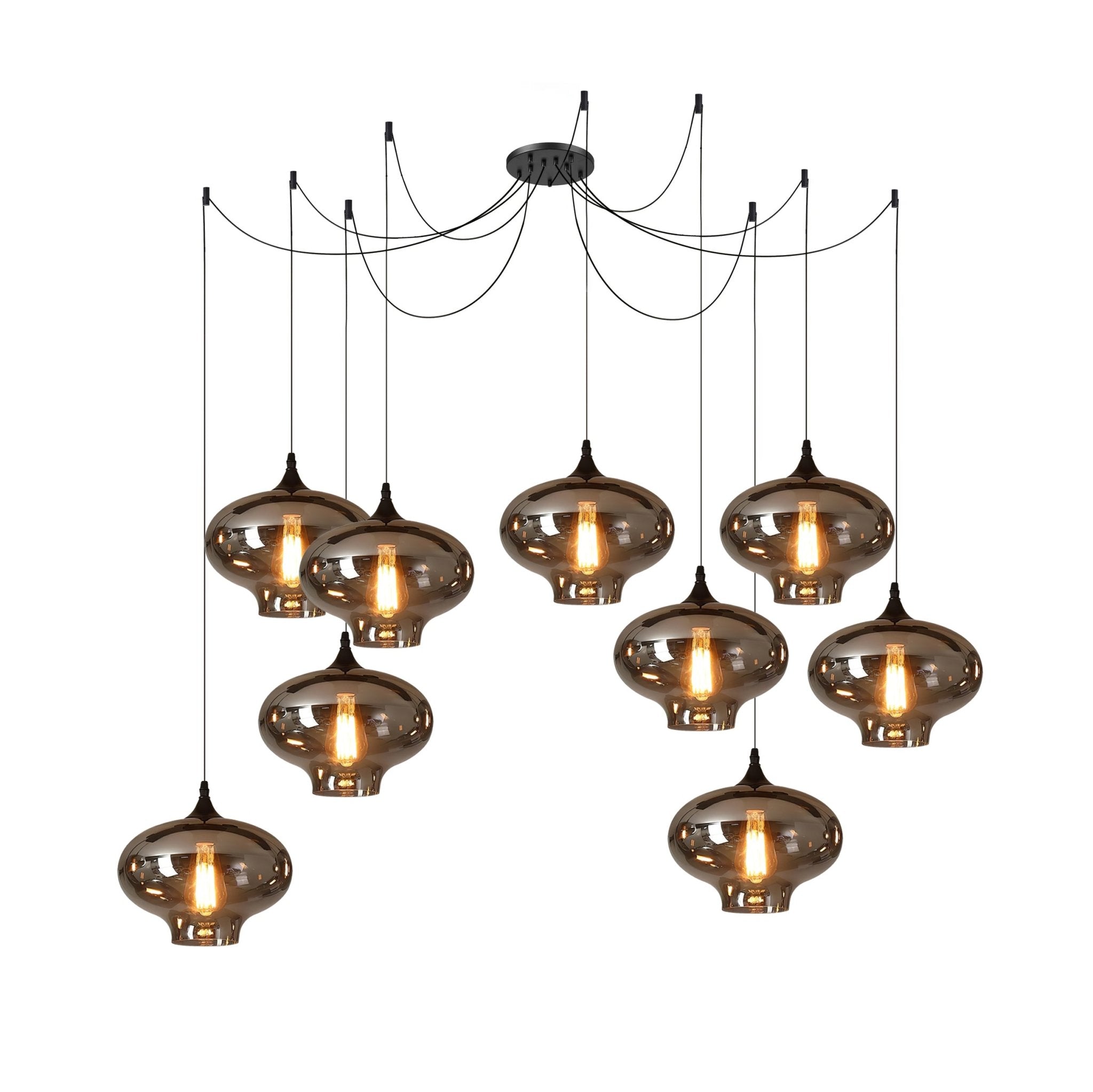 Nine onion-shaped Clérachic smoked glass pendants with flared feet, massed in a cluster over one canopy.
