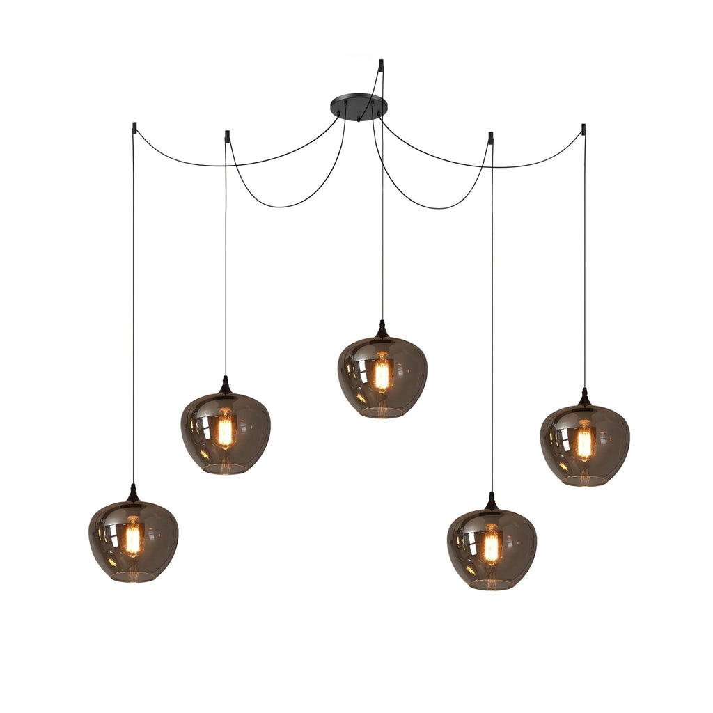 Five apple-bowl Clérachic smoked glass pendants swagged from a single canopy at staggered drop heights.