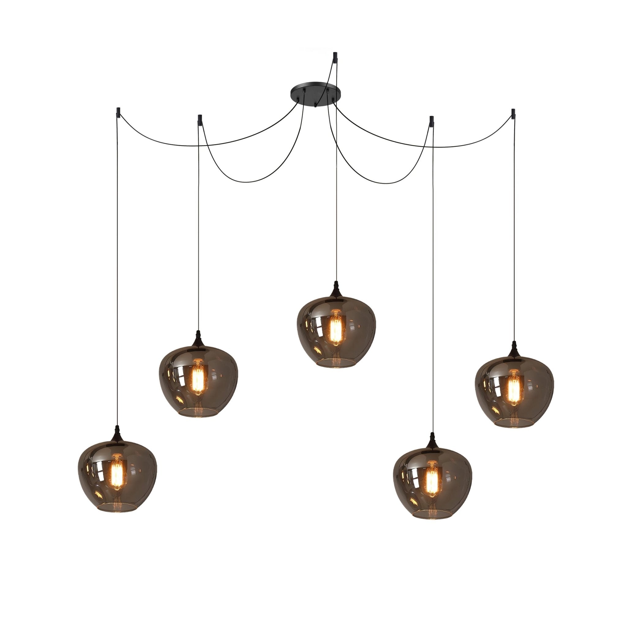 Five apple-bowl Clérachic smoked glass pendants swagged from a single canopy at staggered drop heights.