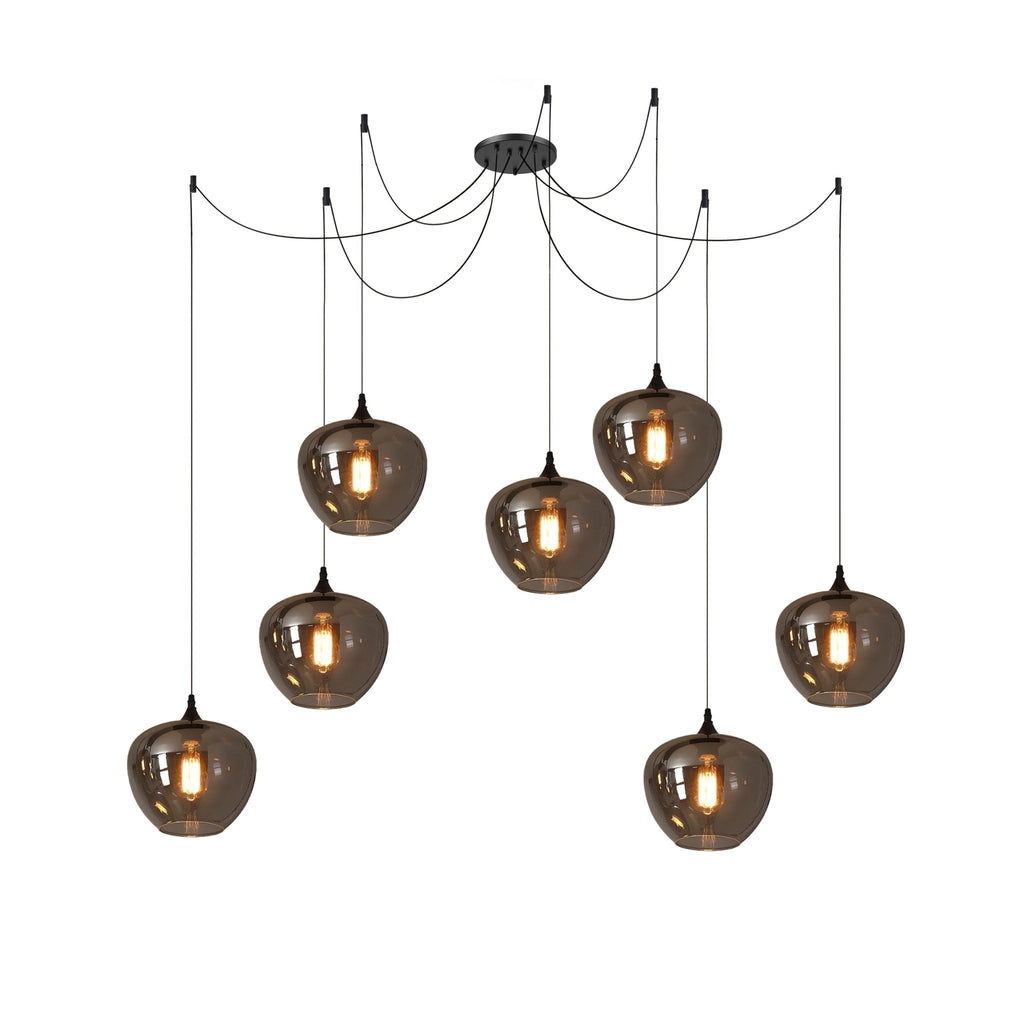 Seven apple-bowl Clérachic smoked glass pendants swagged from one canopy in a staggered cluster.