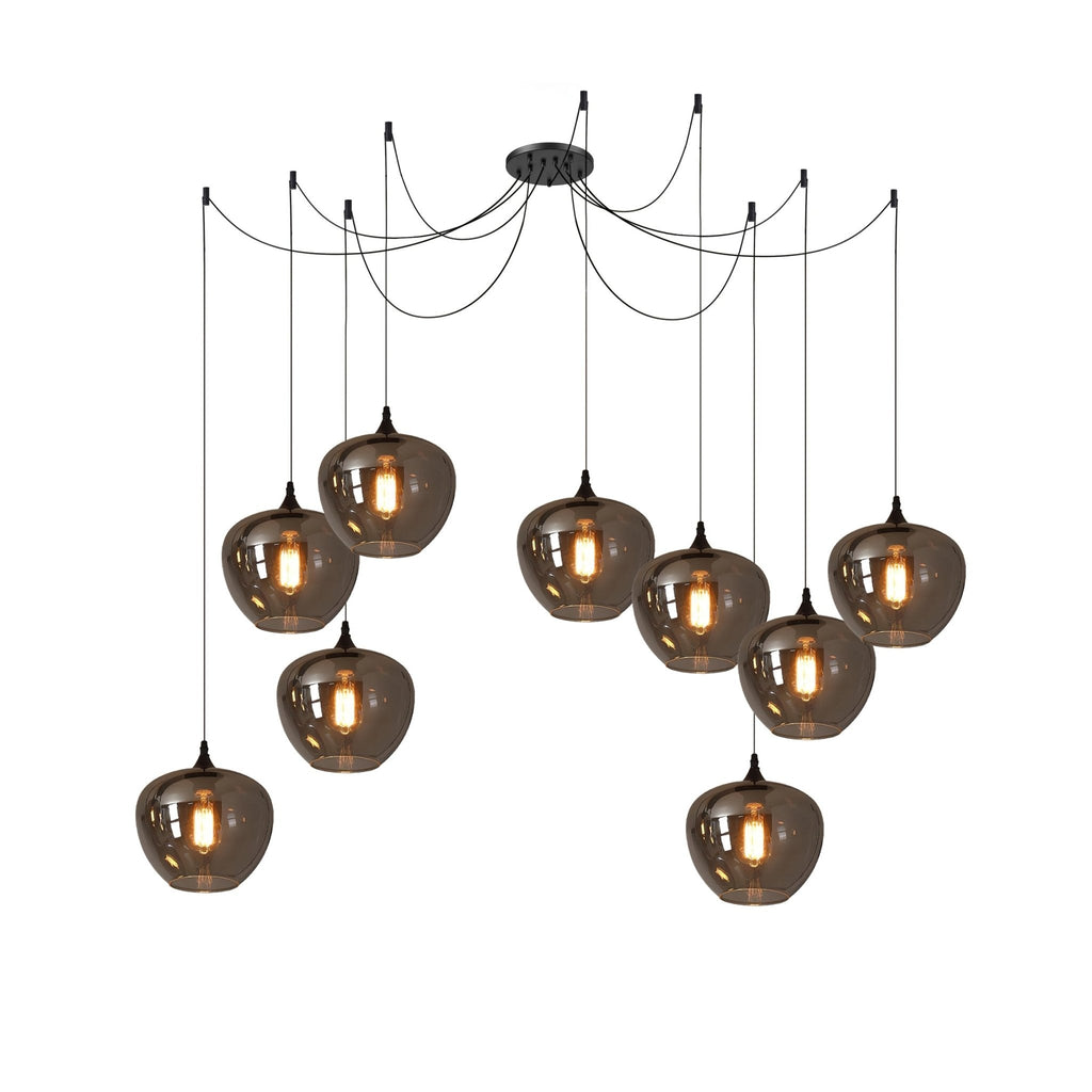 Nine apple-bowl Clérachic smoked glass pendants hung from one spider canopy in a full staggered cluster.