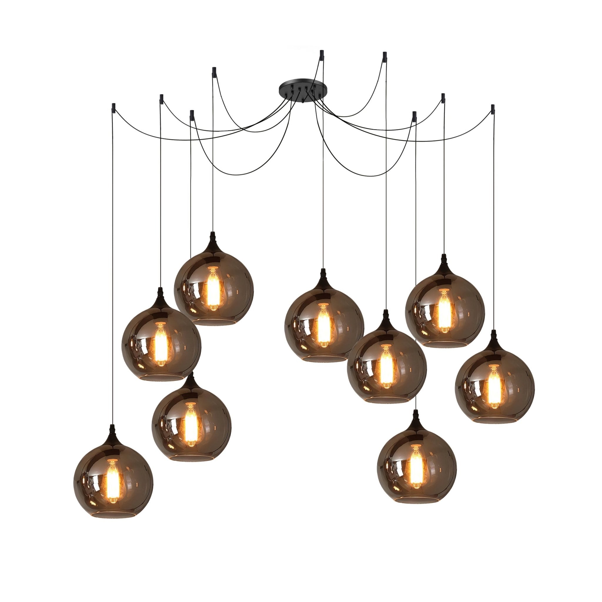 Nine globe Clérachic smoked glass pendants on one canopy, hung at mixed heights and all lit.