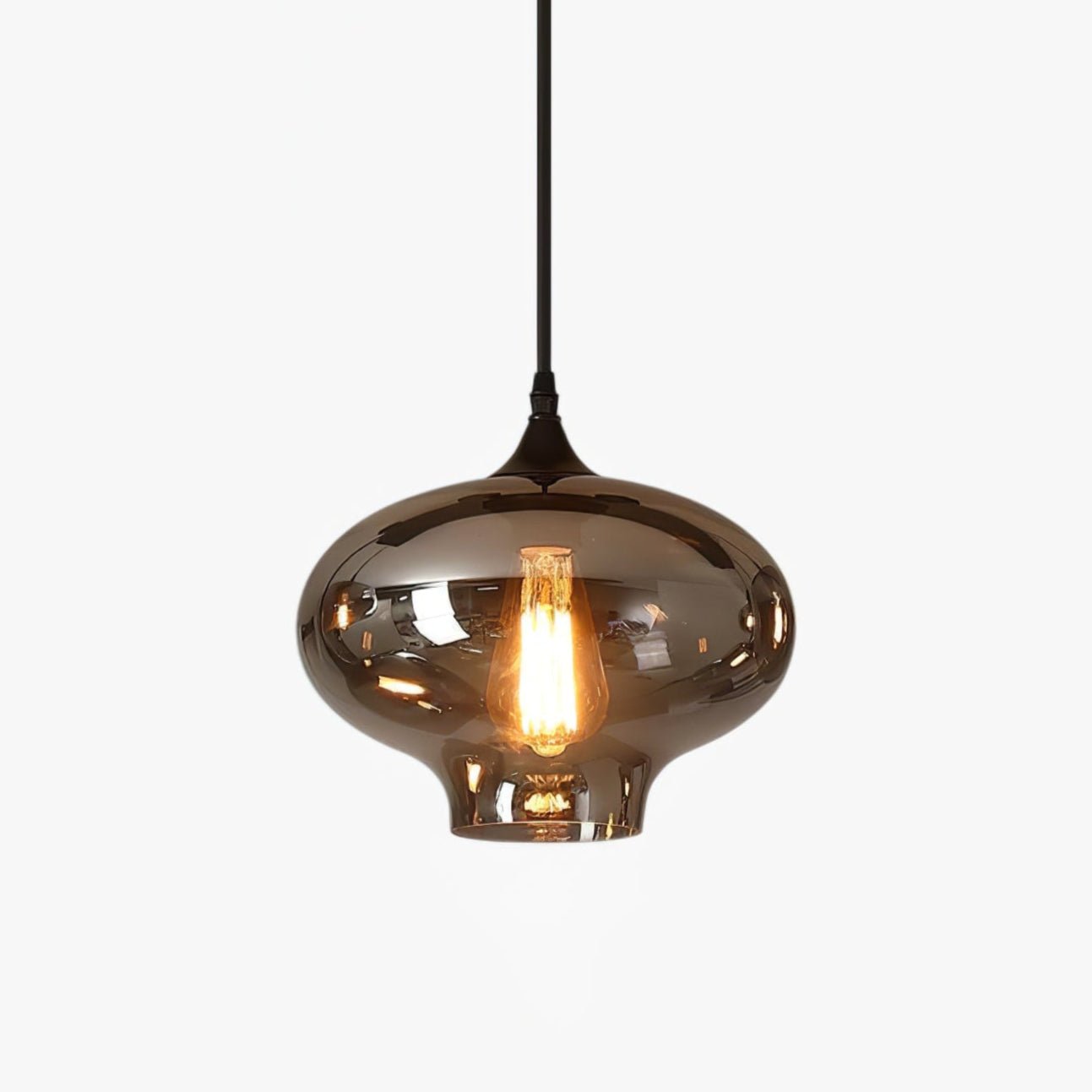 Studio close-up of a single onion-shaped Clérachic smoked glass pendant lit by a warm filament bulb.