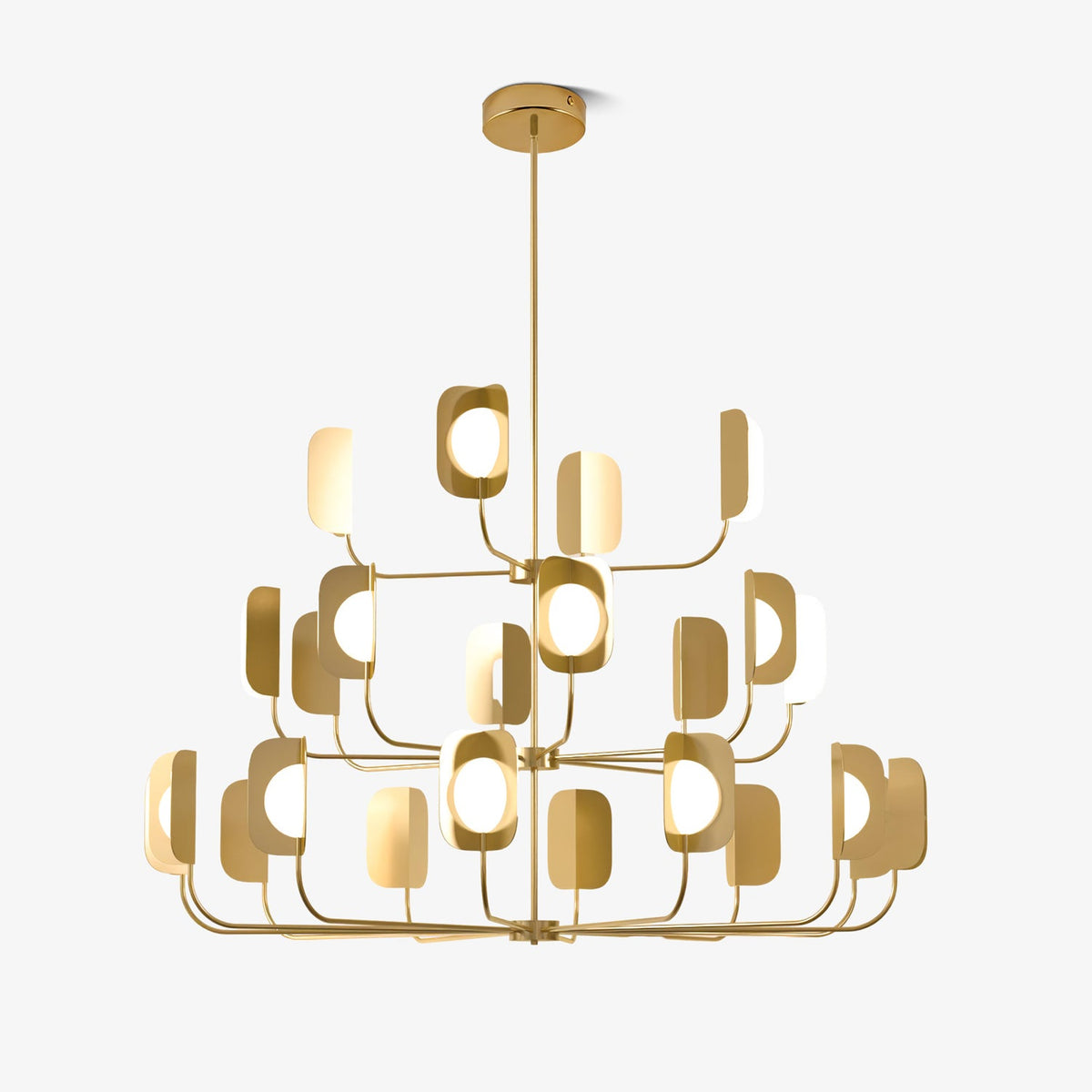 Three tiers of slim arms hold leaf-shaped shades round glowing globe bulbs on this brass-toned Clérachic chandelier, on a plain white backdrop.